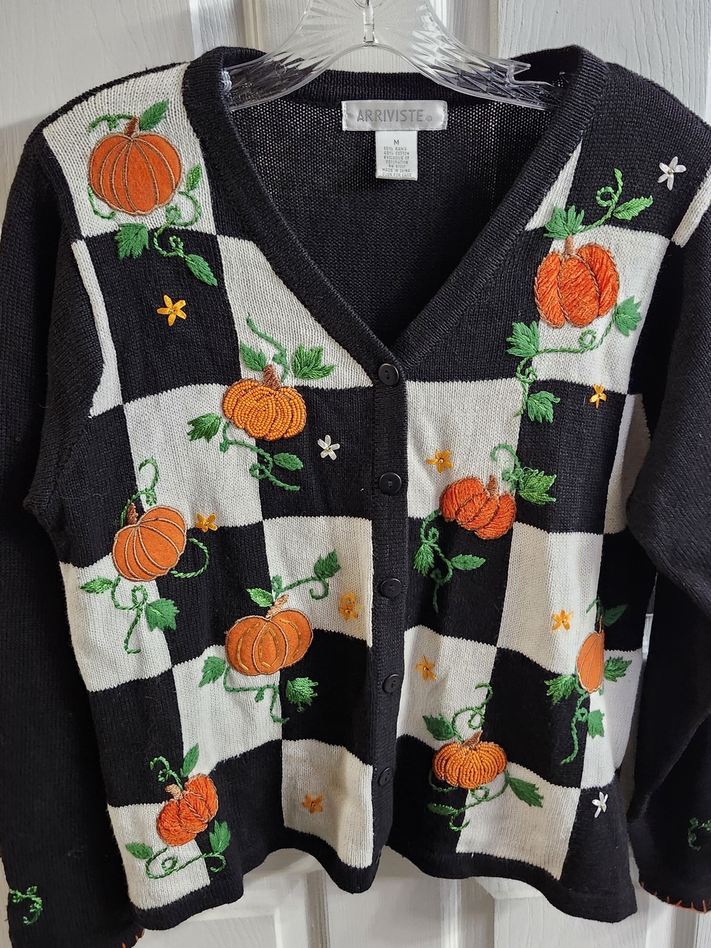 Black & White Check Pumpkin Embroidered Cardigan Sweater